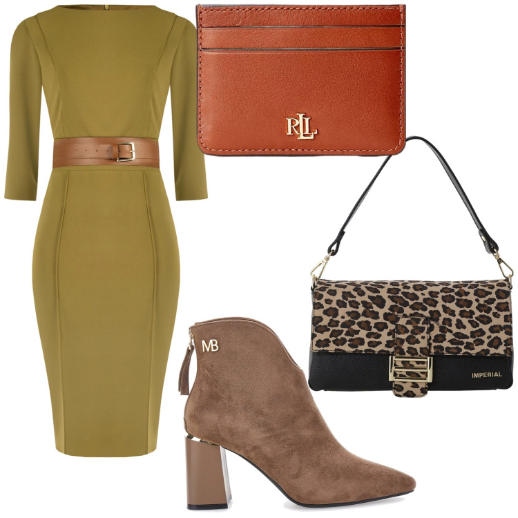 Outfit donna - Il tubino verde oliva. Stile Casual chic per Ufficio. Abbinamento con vestiti a tubino, borse a spalla, portafogli, stivaletti.