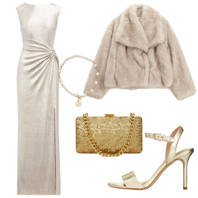 Outfit donna - Sera a teatro. Stile Chic per Serata fuori. Abbinamento con blazer, collane, sandali in pelle, vestiti, clutch.