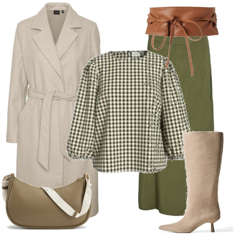 Outfit mujer - Casual #11148. Estilo Casual para Todos los días. Combinación con blusas, botas, falda longuette, cinturones, bandoleras, abrigos.