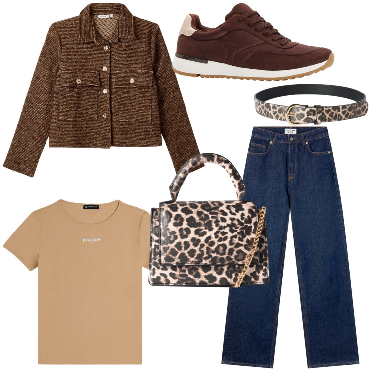 Outfit donna - Brown sneakers. Stile Casual chic per Tutti i giorni. Abbinamento con sneakers, borse a tracolla, jeans, blazer, cinture, t-shirt.