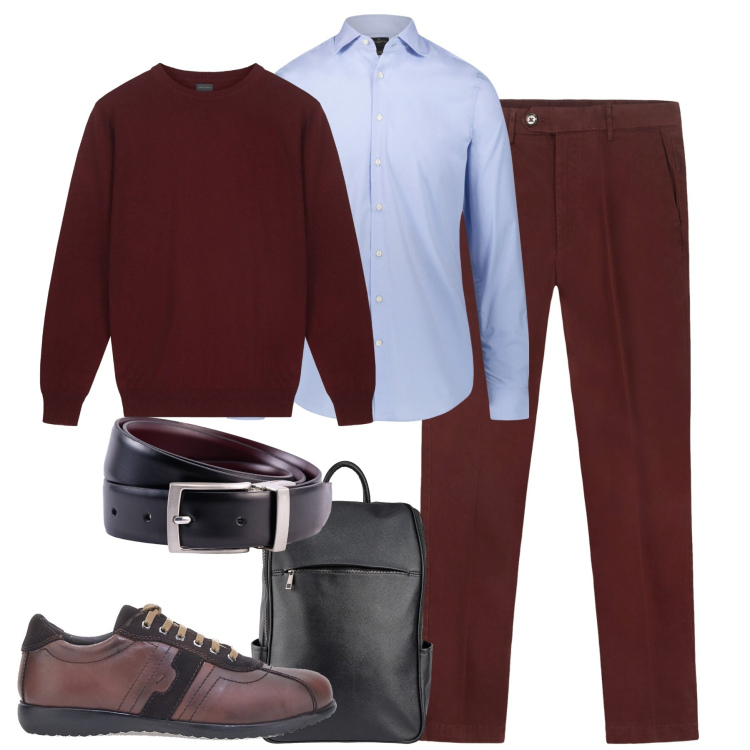 Outfit uomo - Al lavoro. Stile Business/Elegante per Ufficio. Abbinamento con camicie, scarpe stringate, cinture, maglieria, borse sportive, pantaloni chino.