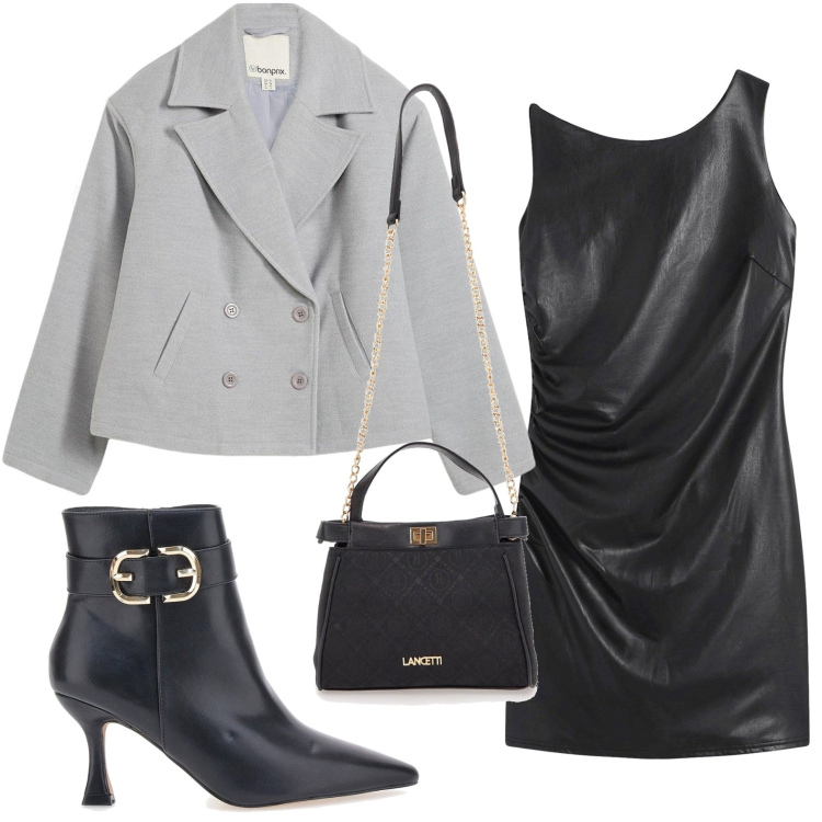 Outfit donna - Notte magica. Stile Minimal per Serata fuori. Abbinamento con caban, vestiti corti, stivaletti, borse a tracolla.