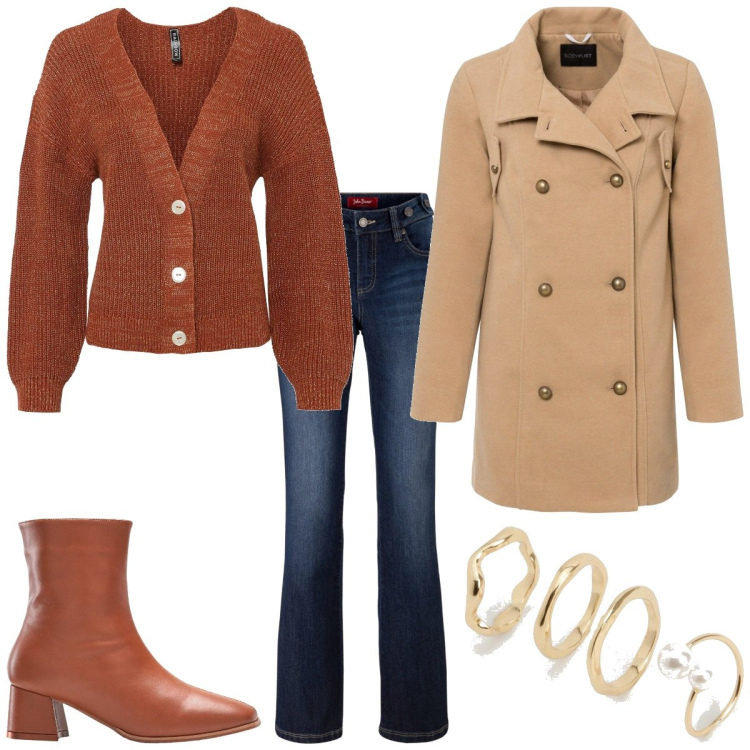 Outfit femme - Joli petit pull. Style Basique pour Tous les jours. Assortir avec caban, pulls, jean bootcut, bottines, bagues.