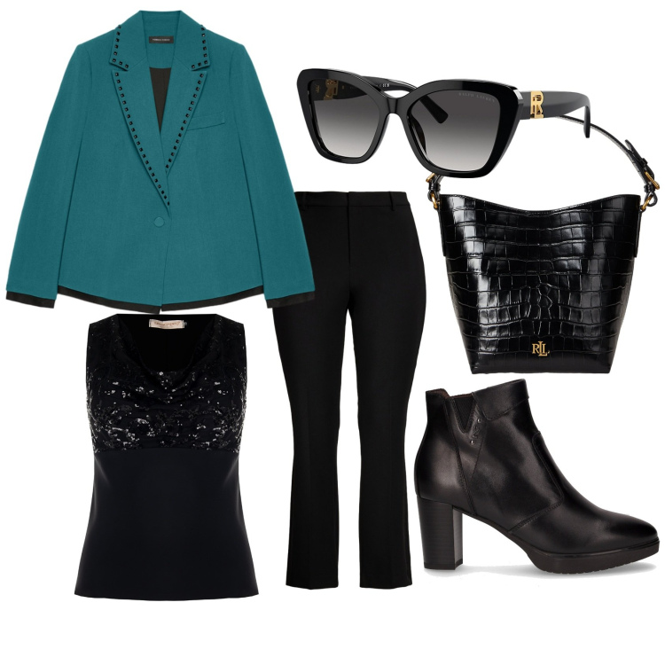 Outfit donna - Deva. Stile Casual chic per Tutti i giorni. Abbinamento con top, occhiali da sole, borse a secchiello, pantaloni, stivaletti, blazer.