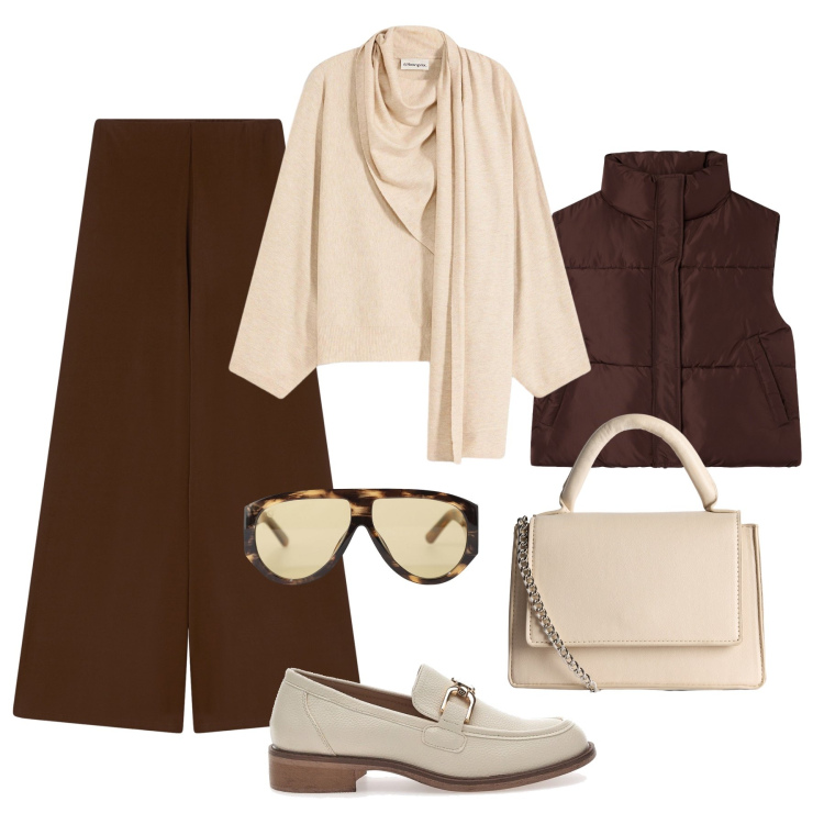 Outfit donna - Il maglione con la sciarpa. Stile Urban per Tutti i giorni. Abbinamento con maglieria, borse a tracolla, piumini, pantaloni, occhiali da sole, mocassini.