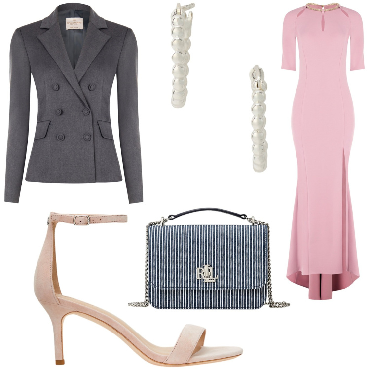 Outfit donna - Battesimo in autunno. Stile Chic per Cerimonia. Abbinamento con vestiti lunghi, blazer, orecchini, borse a spalla, sandali in pelle.