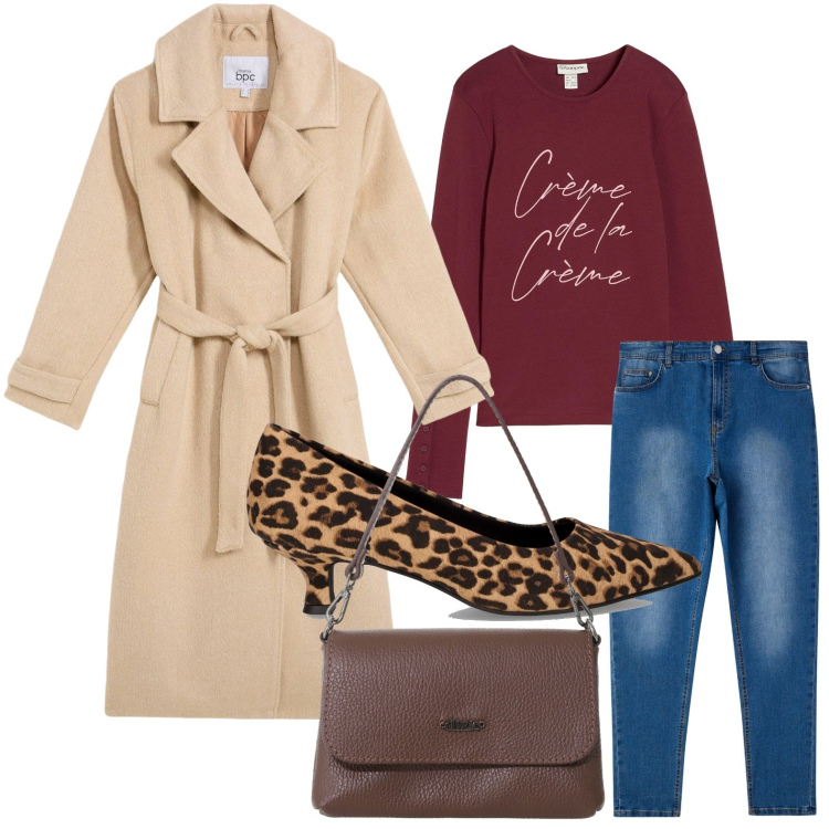 Outfit donna - Cappotto sabbia chic. Stile Casual per Tutti i giorni. Abbinamento con cappotti, maglieria, jeans skinny, borse a tracolla, décolleté.