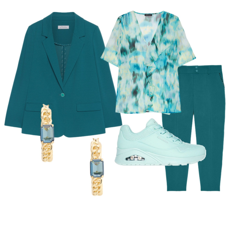 Outfit donna - Ufficiando. Stile Urban per Ufficio. Abbinamento con orecchini, sneakers, bluse, blazer, pantaloni.