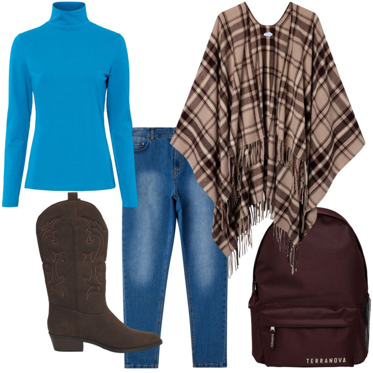 Outfit donna - Lo zaino di tendenza. Stile Etnico per Scuola/Università. Abbinamento con maglieria, zaini, cappotti, jeans skinny, stivaletti texani.