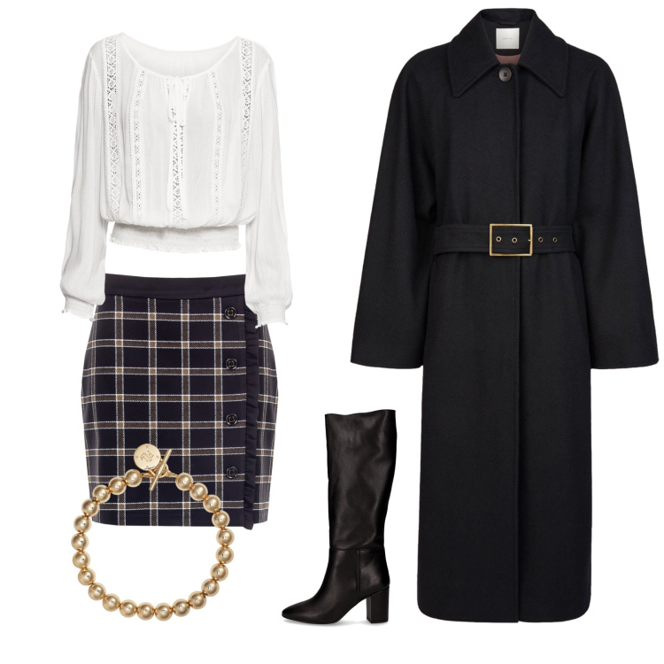 Outfit donna - Black friday. Stile Trendy per Ufficio. Abbinamento con bluse, minigonne, braccialetti, cappotti, stivali.