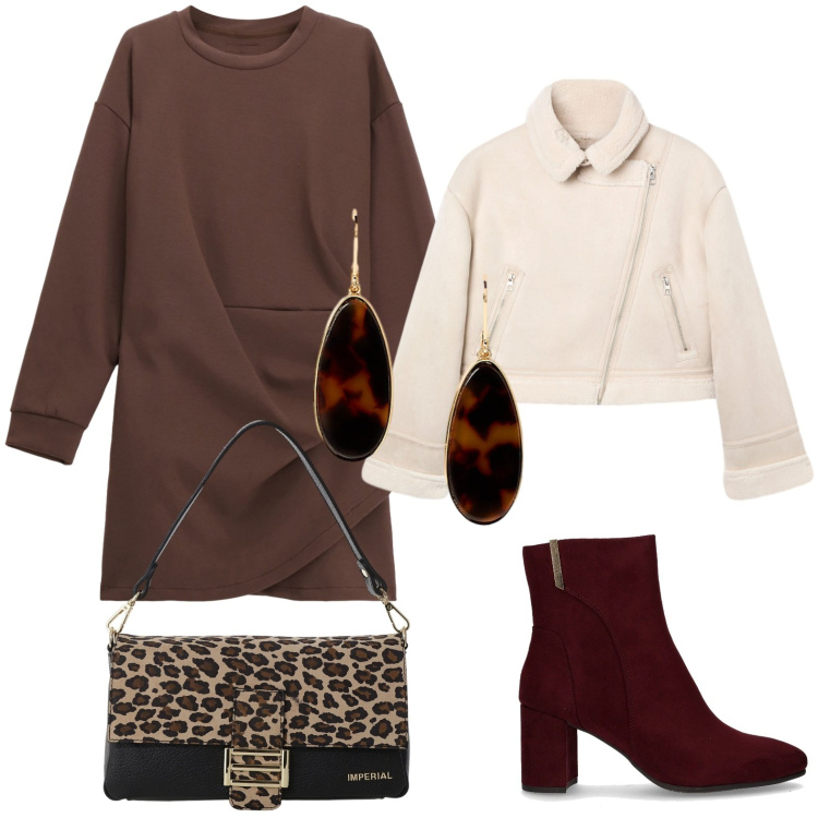 Outfit donna - Indossare l\'autunno. Stile Trendy per Serata fuori. Abbinamento con giacche, borse a spalla, vestiti corti, orecchini, stivaletti.