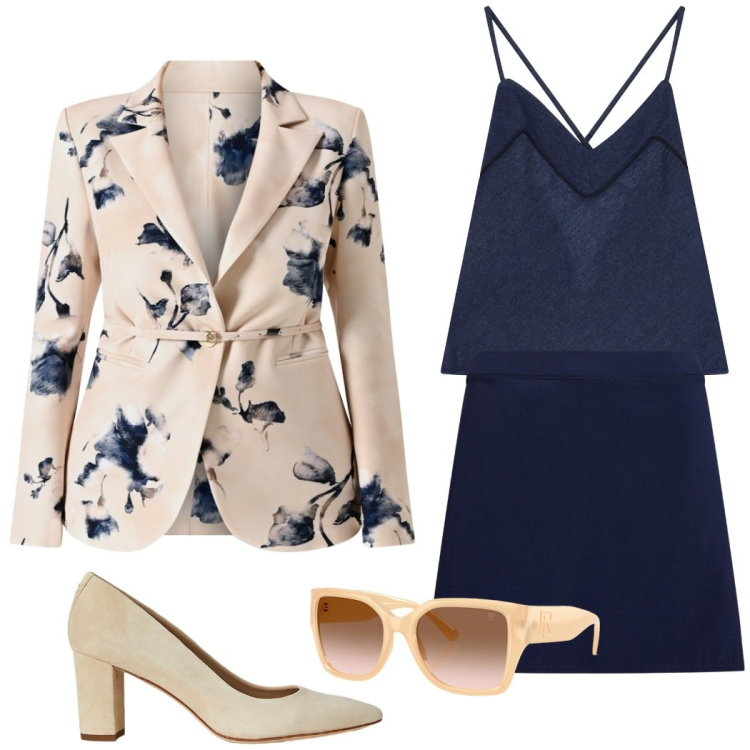 Outfit donna - Cerimonia. Stile Bon Ton per Cerimonia. Abbinamento con blazer, top, minigonne, occhiali da sole, décolleté.