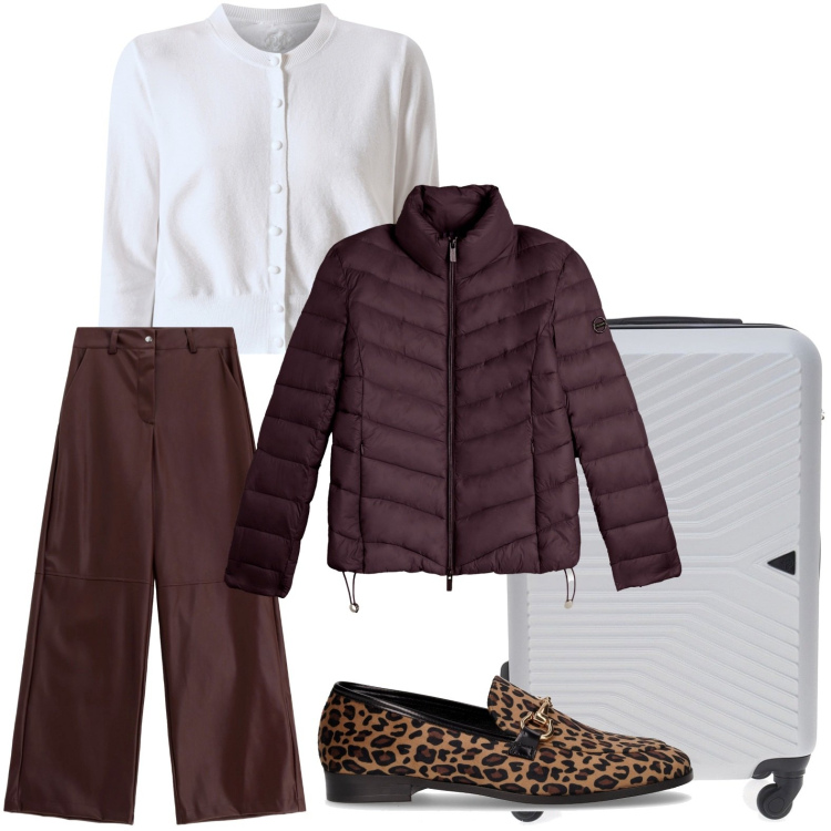 Outfit donna - Tendenza animalier. Stile Minimal per Tutti i giorni. Abbinamento con cardigans, piumini, pantaloni a palazzo, valigie, mocassini.