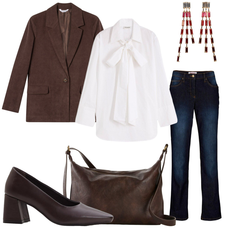 Outfit donna - Mi presento al lavoro. Stile Glamour per Ufficio. Abbinamento con jeans dritti, orecchini, décolleté, camicie, borse a tracolla, blazer.
