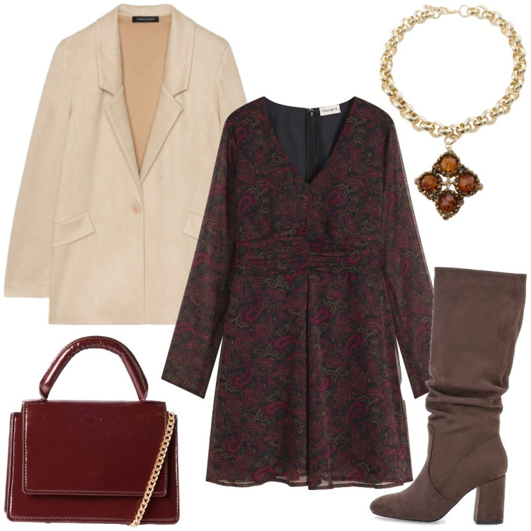 Outfit donna - Vibrazione d\'autunno. Stile Casual chic per Tutti i giorni. Abbinamento con vestiti corti, borse a tracolla, collane, blazer, stivali sopra il ginocchio.
