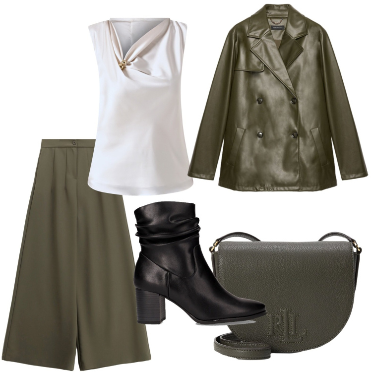 Outfit donna - Moda d\'autunno. Stile Glamour per Ufficio. Abbinamento con bluse, pantaloni a palazzo, borse a tracolla, stivaletti, giacche.