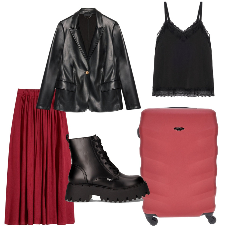 Outfit donna - Sfumature rock. Stile Minimal per Tutti i giorni. Abbinamento con gonne lunghe, blazer, valigie, canottiere, anfibi.