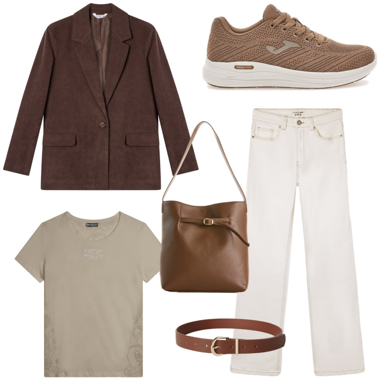 Outfit donna - Workwear edition. Stile Casual chic per Ufficio. Abbinamento con borse a mano, blazer, jeans bootcut, cinture, t-shirt, sneakers.