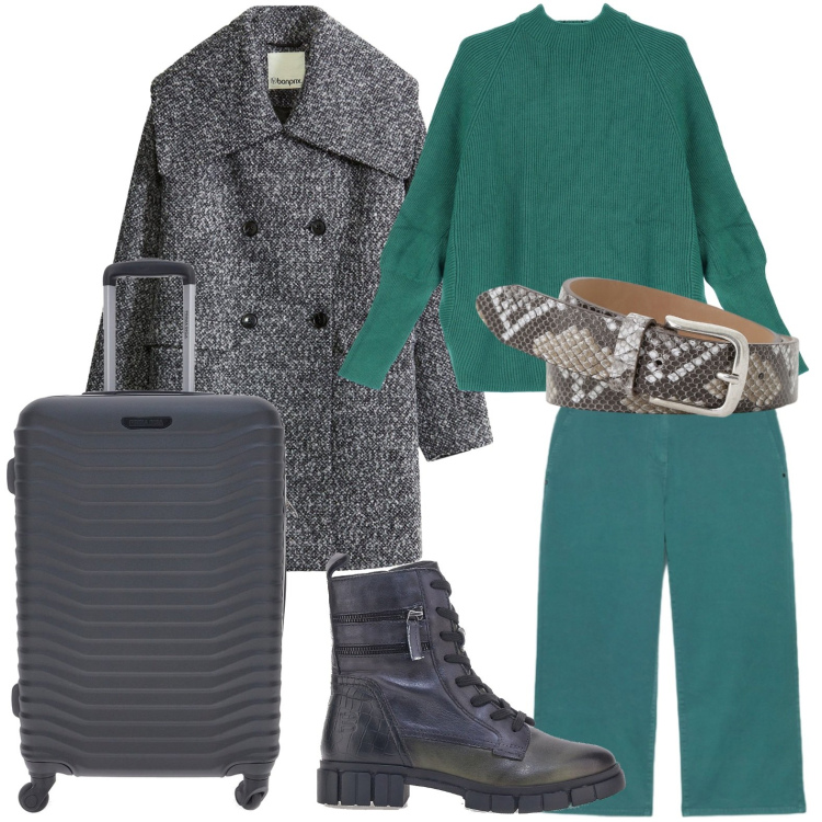 Outfit donna - Cappotto melange. Stile Urban per Tutti i giorni. Abbinamento con cappotti, maglieria, cinture, anfibi, pantaloni, valigie.