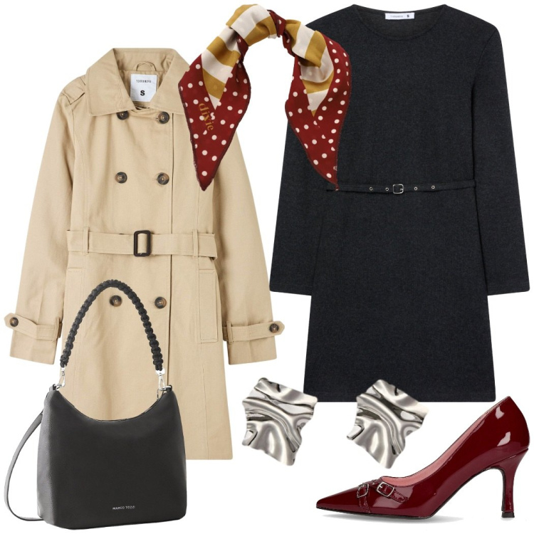 Outfit donna - Pranzo di lavoro. Stile Bon Ton per Ufficio. Abbinamento con borse a mano, vestiti midi/longuette, trench, foulard, décolleté, orecchini.