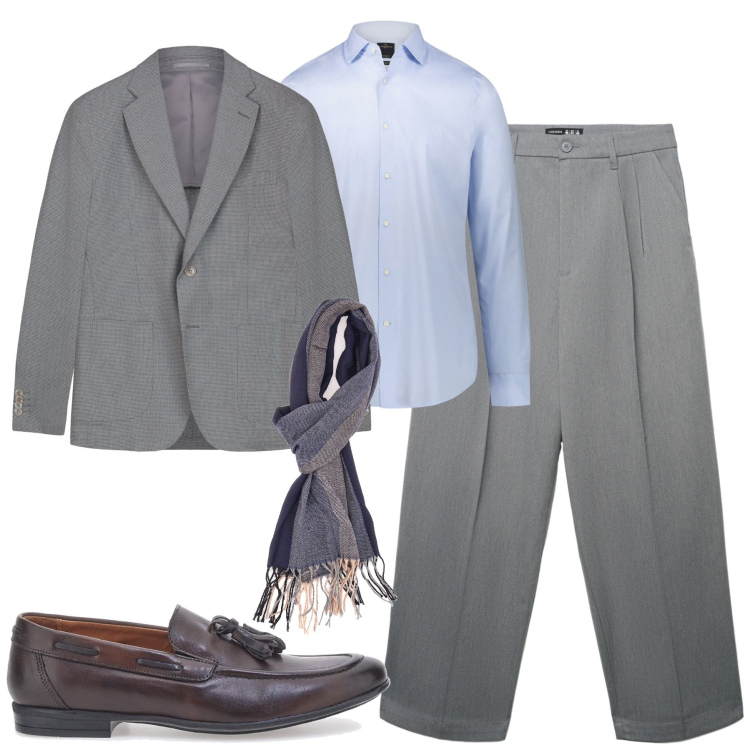 Outfit uomo - Ottobre. Stile Business/Elegante per Tutti i giorni. Abbinamento con pantaloni, camicie, sciarpe, giacche, scarpe stringate.