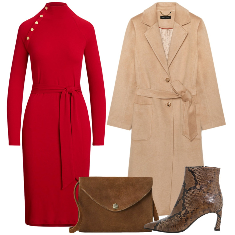 Outfit donna - Autunno in Rosso. Stile Casual chic per Serata fuori. Abbinamento con stivaletti, borse a tracolla, vestiti lunghi, cappotti.