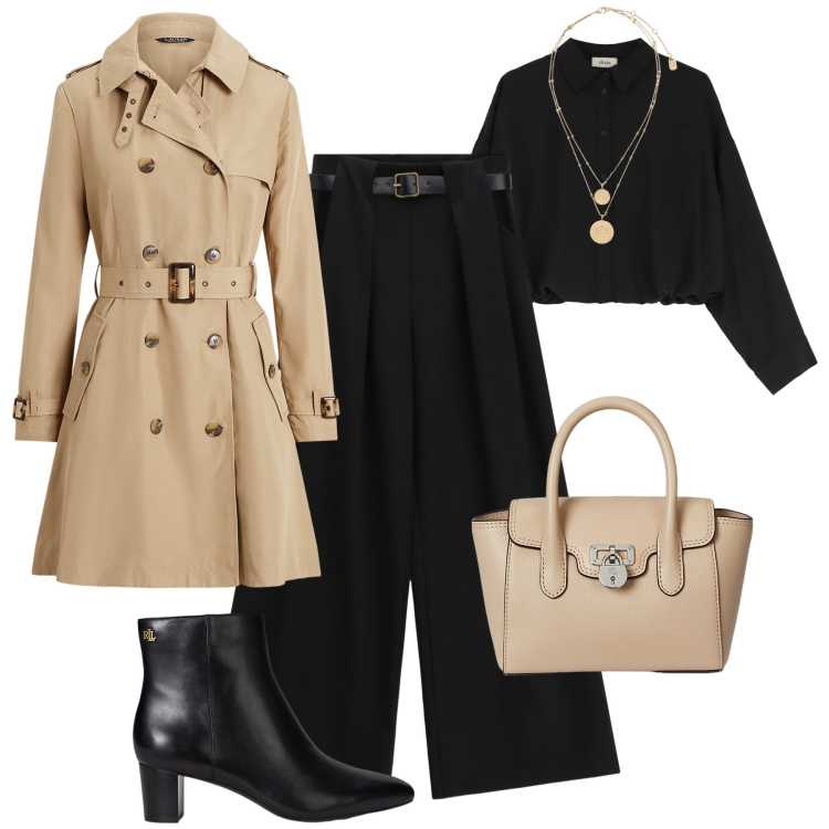 Outfit donna - Trench classico e raffinato. Stile Casual chic per Tutti i giorni. Abbinamento con pantaloni a palazzo, camicie, ciondoli, stivaletti, borse a mano, trench.