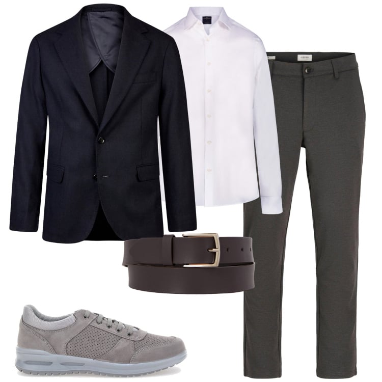 Outfit uomo - Fall. Stile Business/Elegante per Tutti i giorni. Abbinamento con pantaloni chino, camicie, giacche, scarpe stringate, cinture.