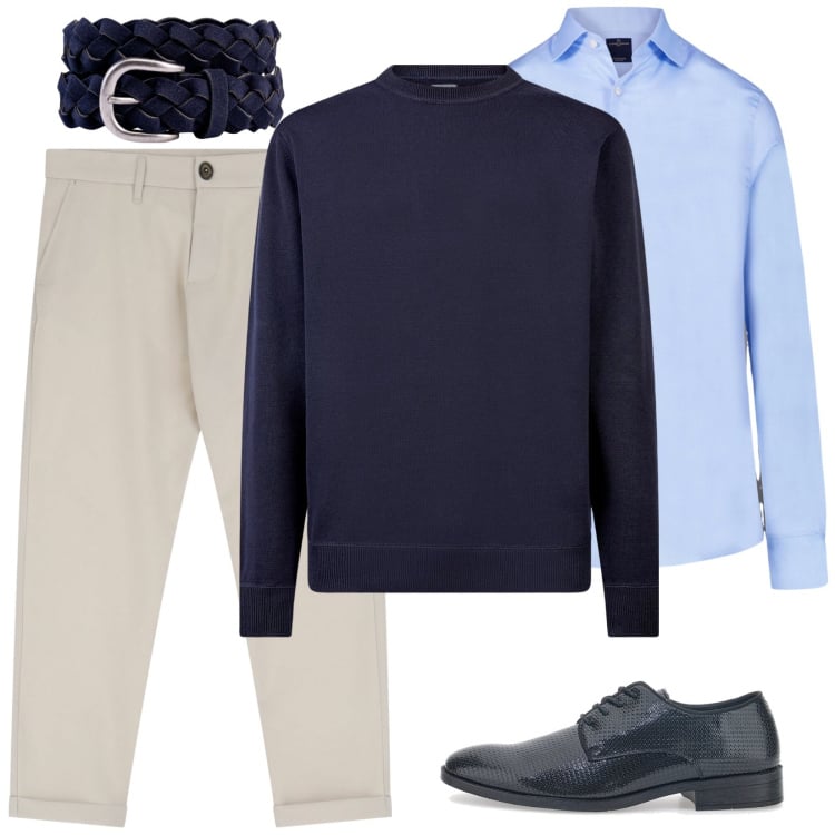 Outfit uomo - Un maglioncino blu. Stile Business/Elegante per Ufficio. Abbinamento con pantaloni chino, camicie, maglieria, scarpe stringate, cinture.