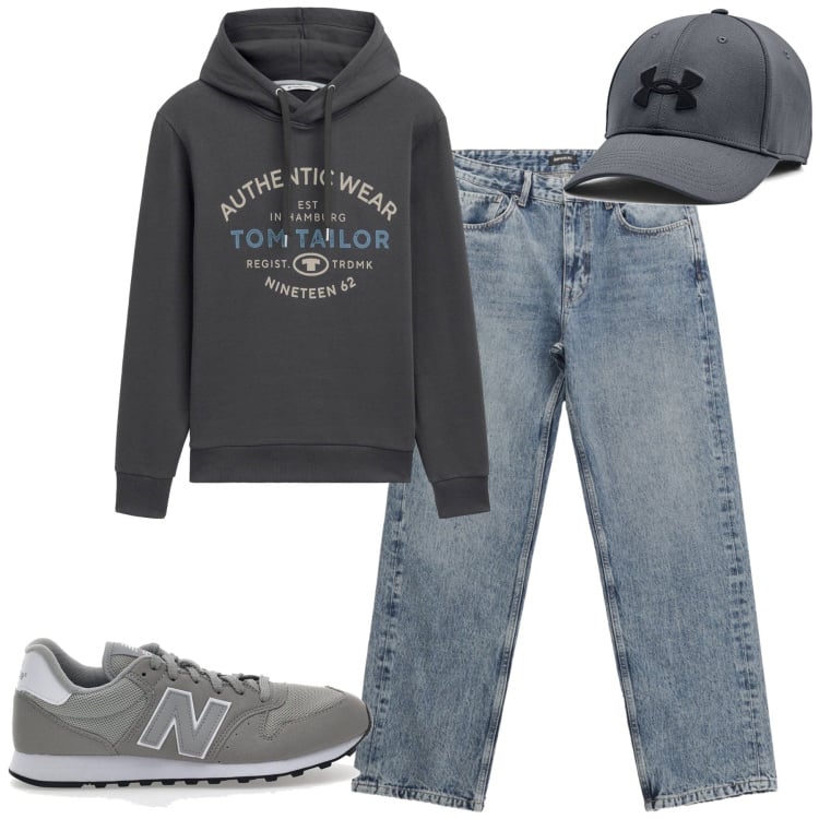 Outfit uomo - City. Stile Casual per Tutti i giorni. Abbinamento con felpe con cappuccio, jeans dritti, cappelli, sneakers.