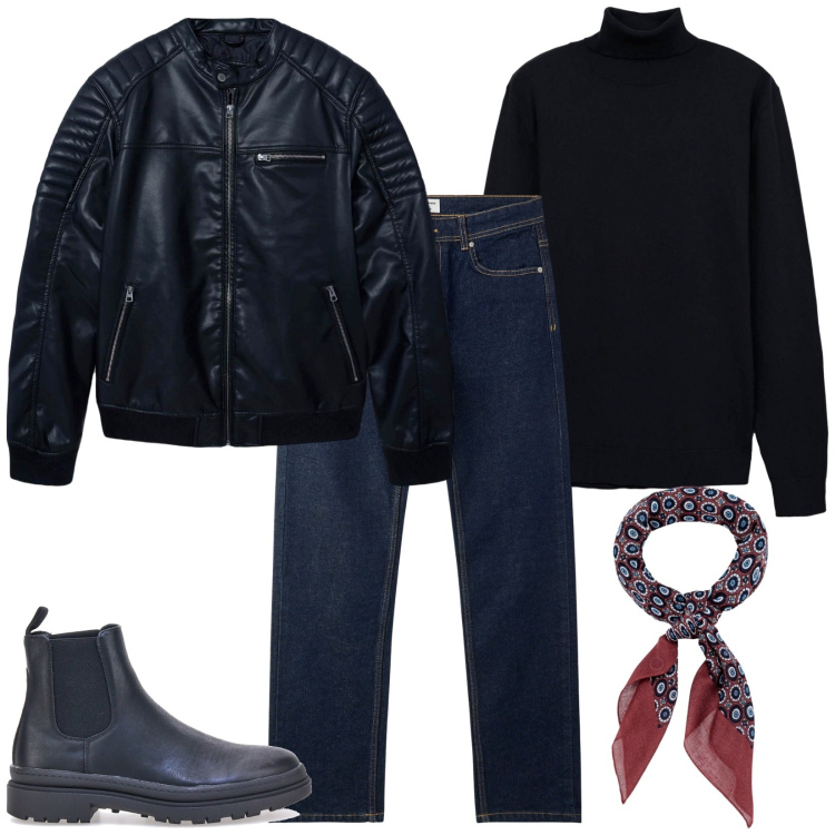Outfit uomo - Il bomber in pelle. Stile Biker Rock per Tutti i giorni. Abbinamento con jeans, giacche, maglieria, stivali e stivaletti, sciarpe e foulard.