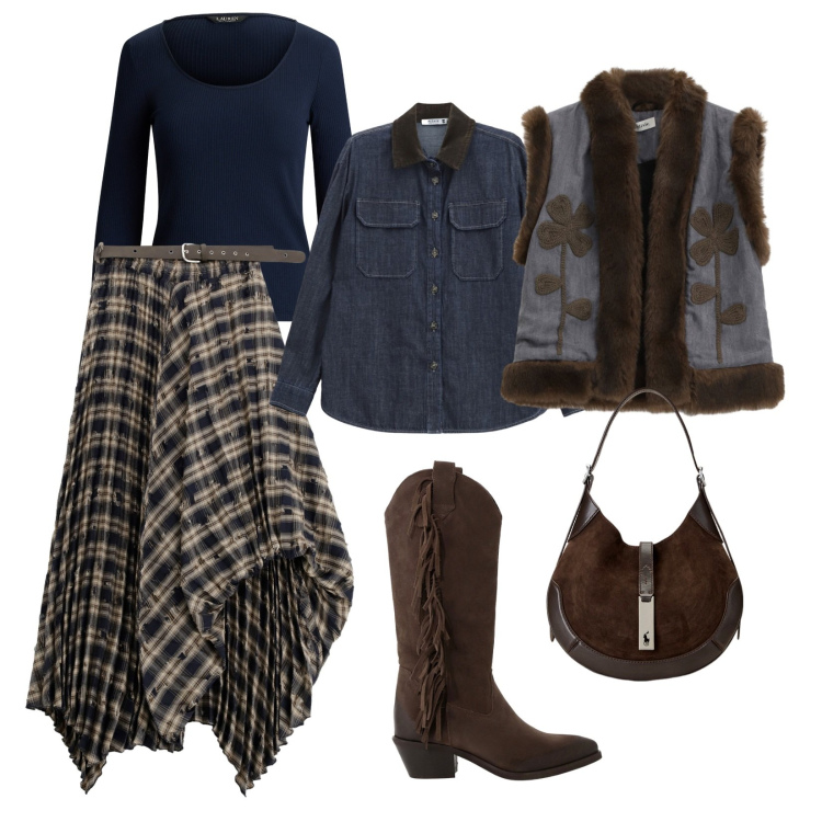Outfit donna - Gonna asdimetrica e stivali texani!. Stile Trendy per Tutti i giorni. Abbinamento con camicie, gonne lunghe, gilet, stivali, borse a spalla, t-shirt.