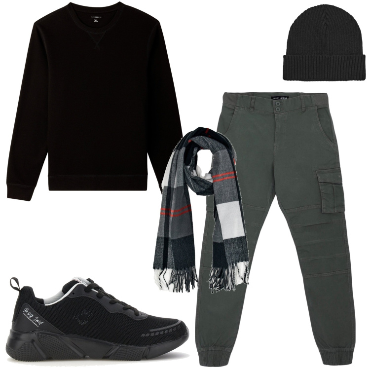 Outfit uomo - Look casual. Stile Casual per Tutti i giorni. Abbinamento con pantaloni cargo, berretti, felpe, sneakers, sciarpe.