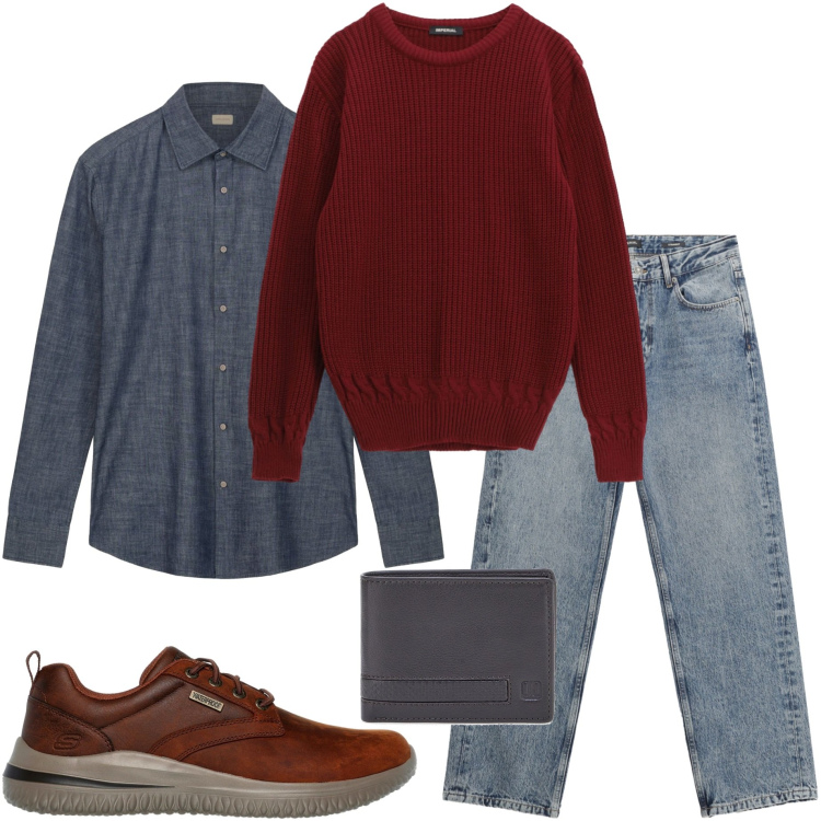 Outfit uomo - Serata con amici. Stile Casual per Serata speciale. Abbinamento con maglieria, jeans dritti, portafogli, camicie, scarpe stringate.