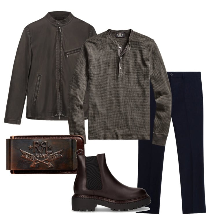 Outfit uomo - Total look #2259585. Stile Casual per Serata speciale. Abbinamento con pantaloni, portafogli, t-shirt, stivali e stivaletti, giacche.
