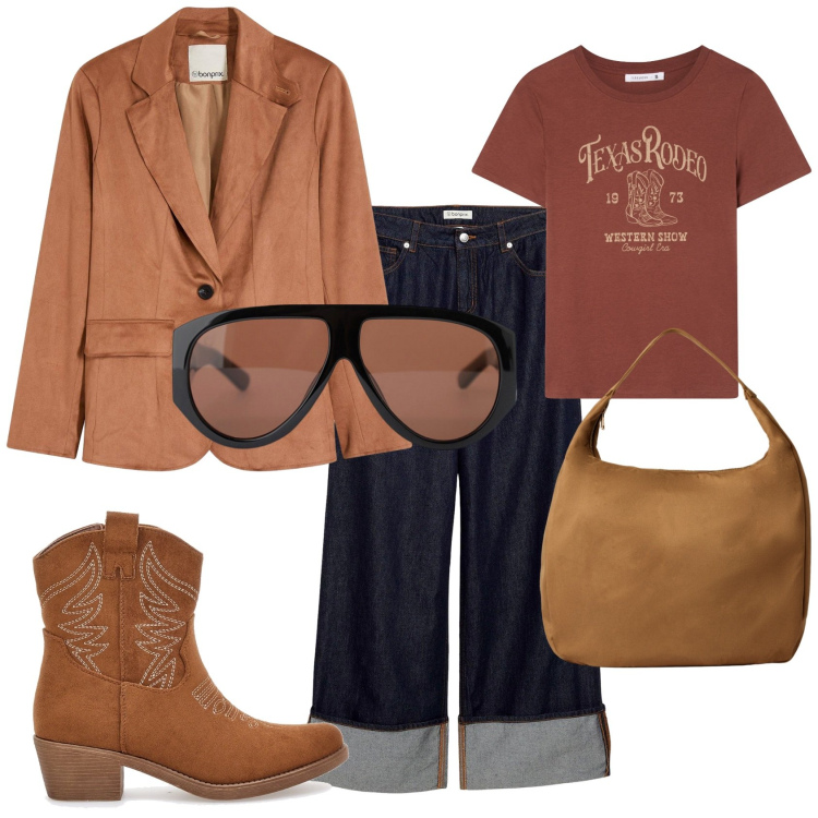 Outfit donna - Gli stivaletti texani. Stile Trendy per Tutti i giorni. Abbinamento con blazer, jeans, borse a mano, t-shirt, occhiali da sole, stivaletti texani.