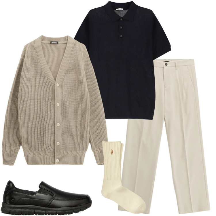 Outfit uomo - Cardigan beige. Stile Urban per Ufficio. Abbinamento con polo, pantaloni, cardigans, calzini, scarpe stringate.
