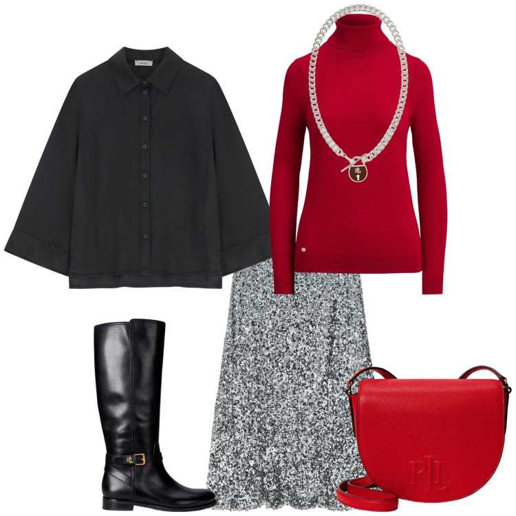 Outfit donna - Total look #2259591. Stile Bon Ton per Ufficio. Abbinamento con camicie, gonne longuette, maglieria, ciondoli, stivali, borse a tracolla.