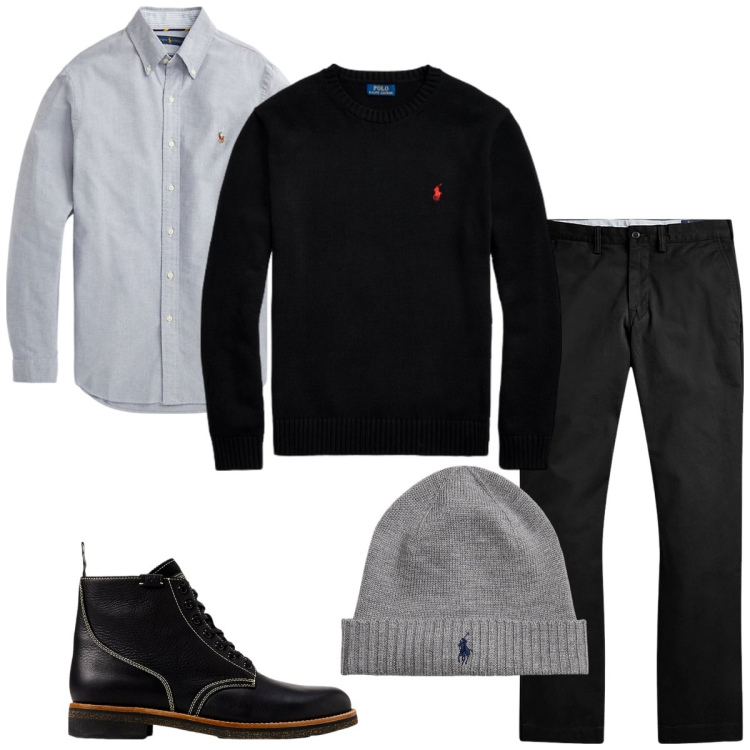 Outfit uomo - Total look #2259592. Stile Casual per Serata speciale. Abbinamento con camicie, berretti, pantaloni, stivali, maglieria.