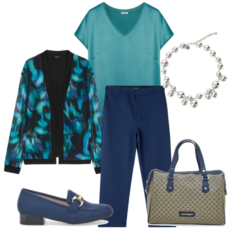 Outfit donna - Total look #2259594. Stile Casual chic per Ufficio. Abbinamento con pantaloni chino, collane, mocassini, bluse, blazer, borse a spalla.