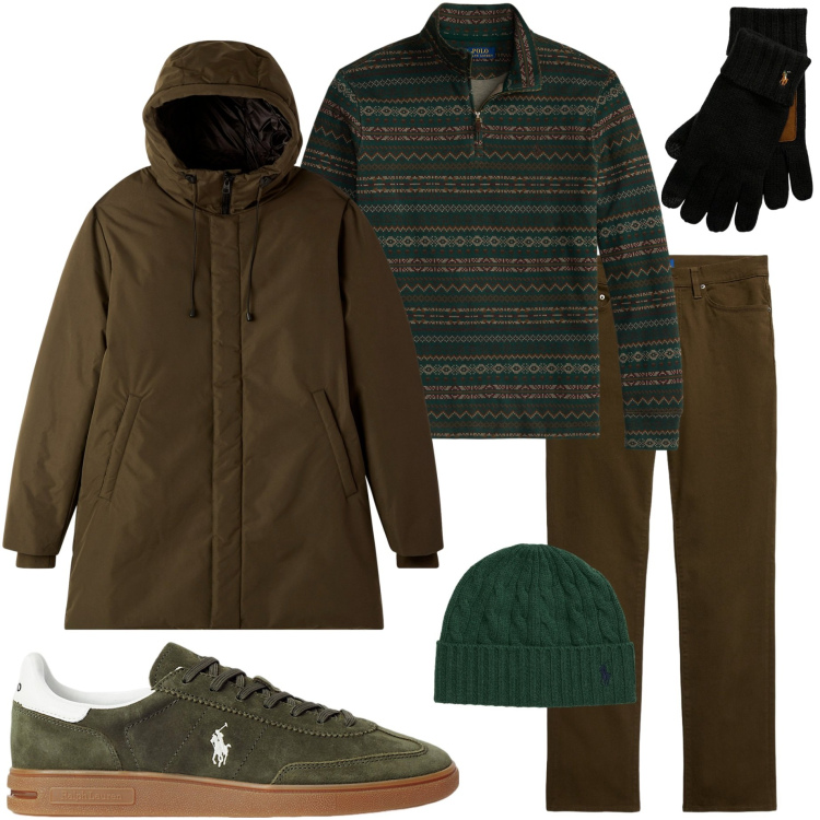 Outfit uomo - Gita in montagna. Stile Casual per Tutti i giorni. Abbinamento con parka, guanti, sneakers, berretti, pullovers, pantaloni.