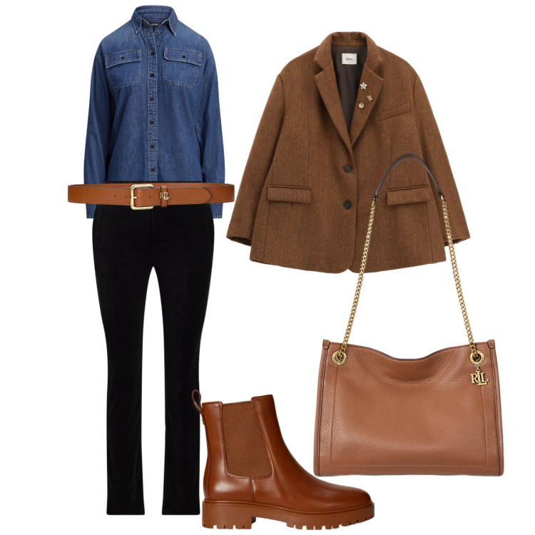 Outfit donna - Tempo libero e Ufficio. Stile Boho per Tutti i giorni. Abbinamento con blazer, camicie, cinture, stivaletti chelsea, borse tote, pantaloni.