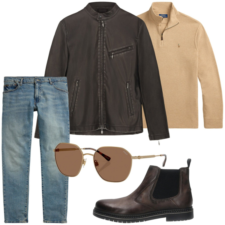 Outfit uomo - Il fascino della giacca in pelle. Stile Trendy per Serata speciale. Abbinamento con occhiali da sole, jeans, pullovers, stivali e stivaletti, giacche.
