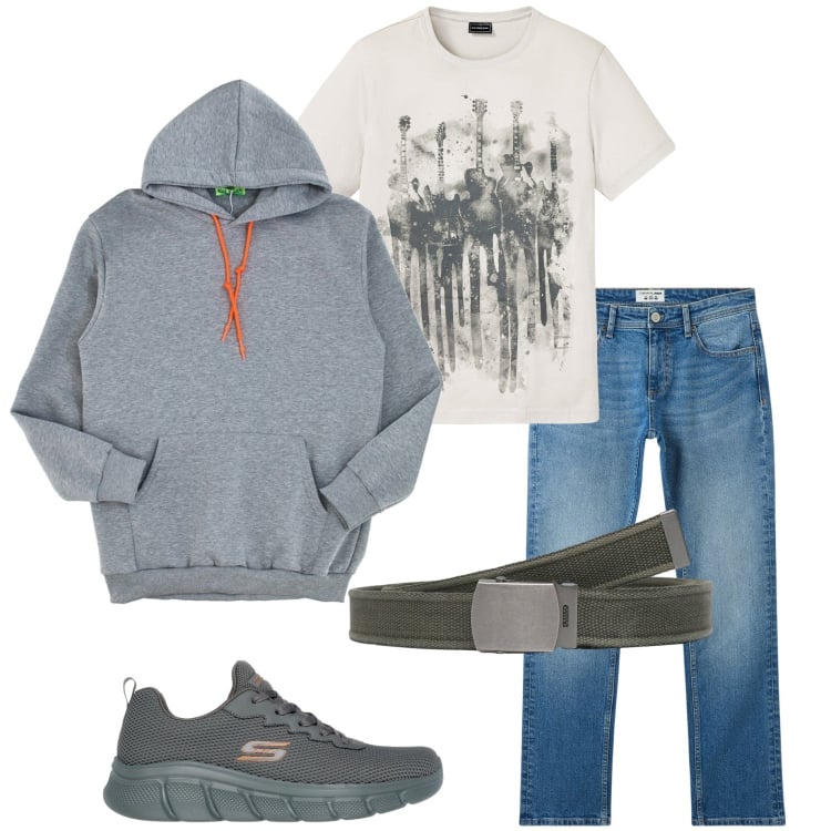Outfit uomo - Pizza con amici. Stile Casual per Serata speciale. Abbinamento con t-shirt, jeans, cinture, felpe con cappuccio, sneakers.