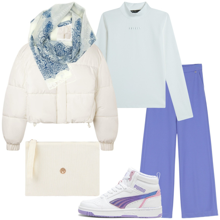 Outfit donna - Total look #2259607. Stile Casual per Tutti i giorni. Abbinamento con bomber, maglieria, valigie, pantaloni, foulard, sneakers.