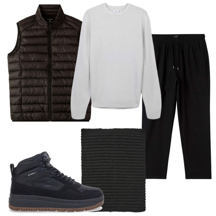 Outfit uomo - Total look #2259609. Stile Urban per Serata speciale. Abbinamento con pantaloni, maglieria, scaldacollo, piumini, sneakers.