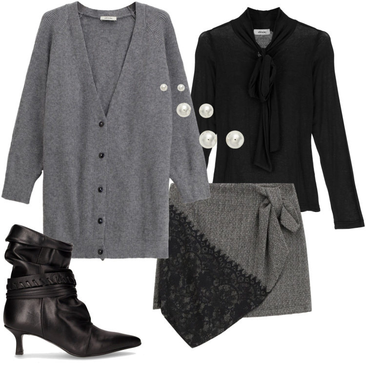 Outfit donna - Gonna antismetrica. Stile Casual chic per Serata fuori. Abbinamento con cardigans, minigonne, top, orecchini, stivaletti.