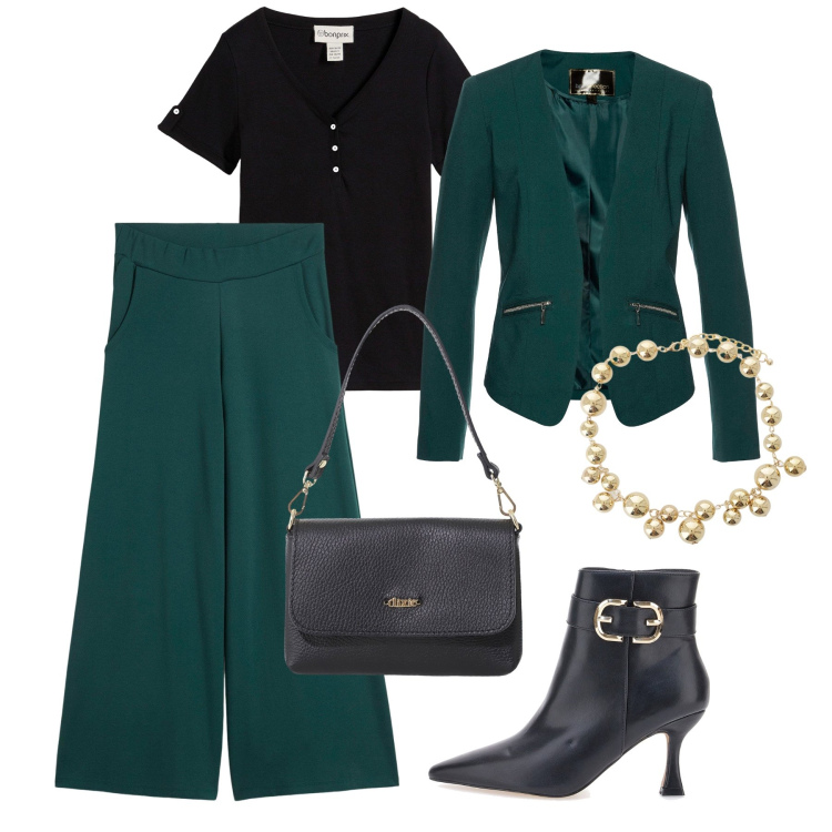 Outfit donna - I pantaloni culotte eleganti. Stile Glamour per Tutti i giorni. Abbinamento con blazer, pantaloni culotte, bluse, borse a tracolla, collane, stivaletti.
