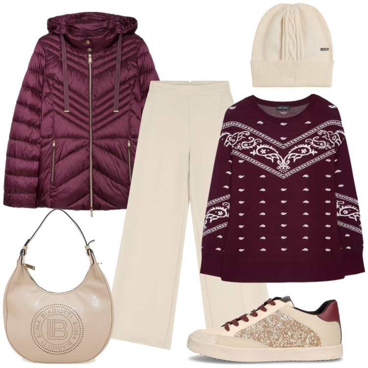 Outfit donna - Primi freddi. Stile Casual per Scuola/Università. Abbinamento con pantaloni, berretti, piumini, sneakers, maglieria, borse a spalla.