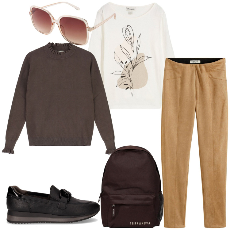 Outfit donna - Total look #2259614. Stile Basic per Tutti i giorni. Abbinamento con maglieria, pantaloni, occhiali da sole, zaini, maglieria, mocassini.